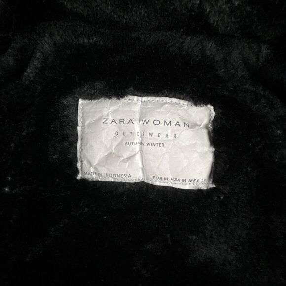 ZARA WOMAN Faux Fur Lined Parka Women’s Sz Medium Black Hooded Full Zip Pockets - Picture 5 of 11
